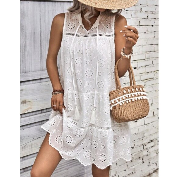 White Boho Womens Eyelet Embroidery Tassel Tie Neck Ruffle Hem Smock Dress - Picture 1 of 5